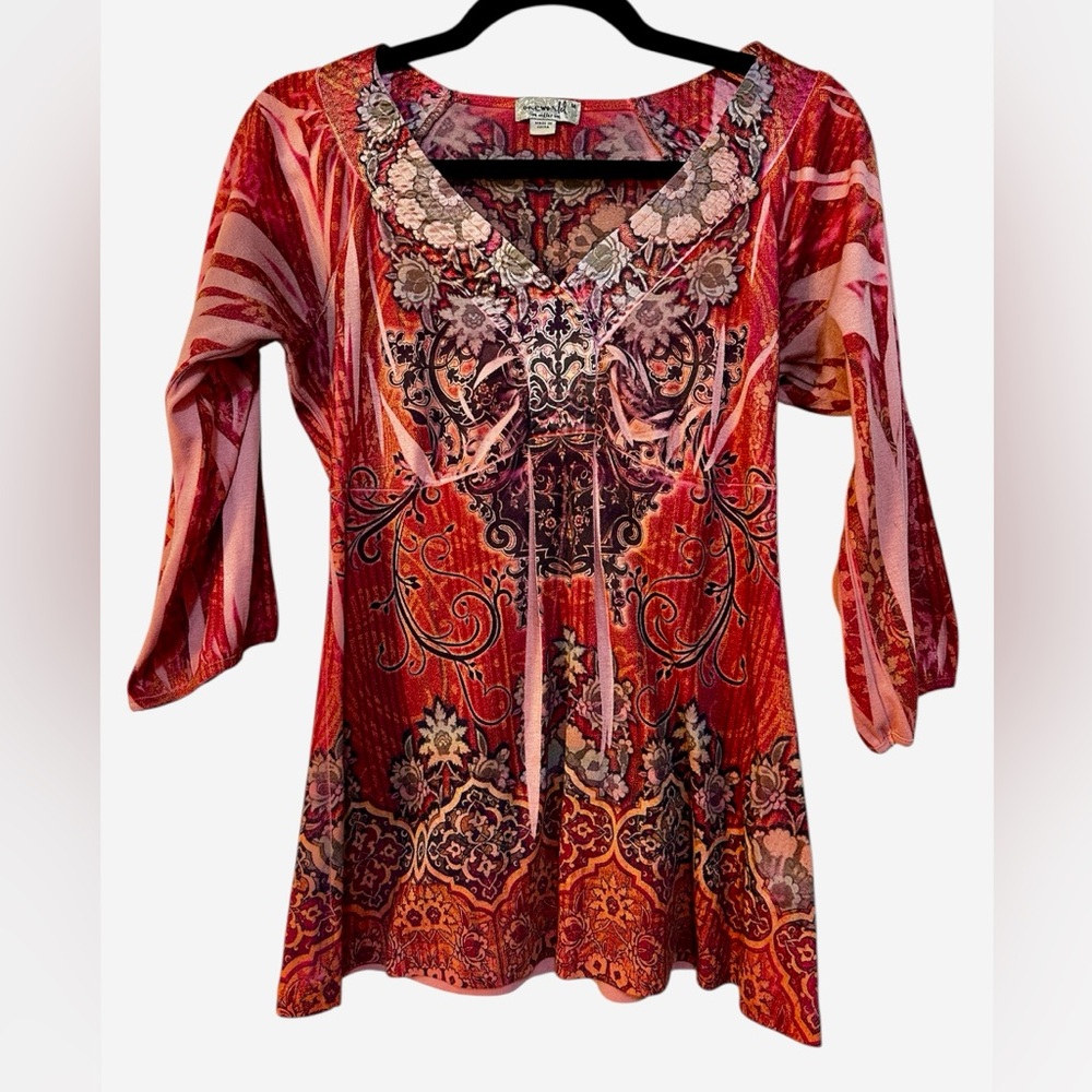 One World Red Pink Boho Print Top One Size (Fits Like Small)